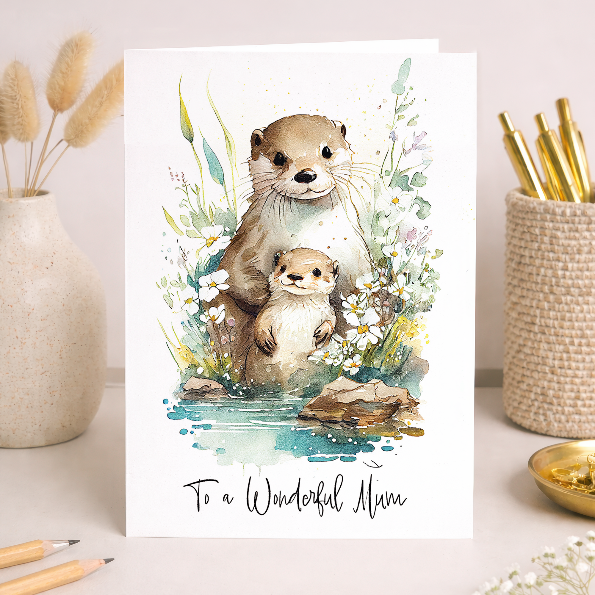 Cute otter illustration on a birthday or Mother's Day greeting card for mum.