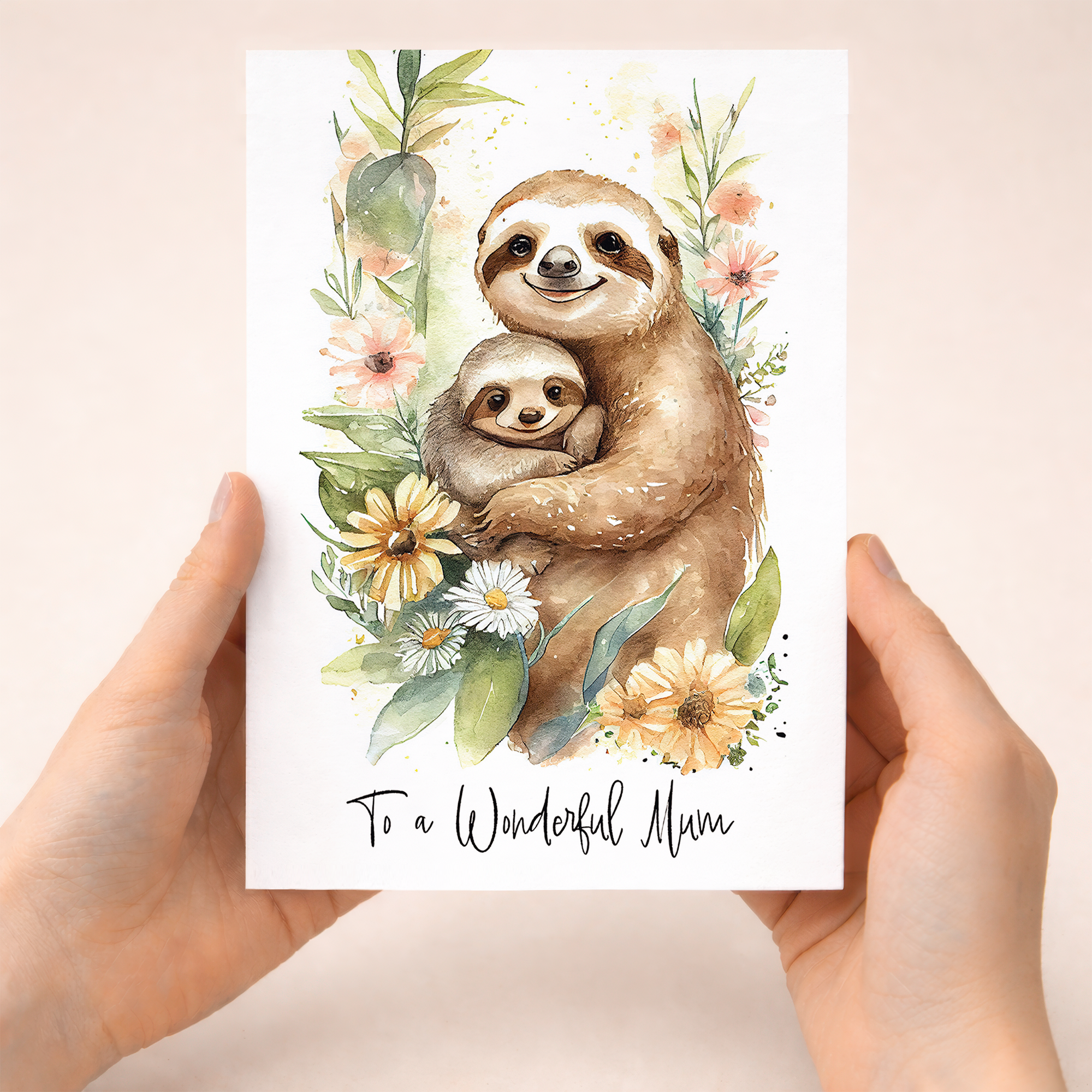 Illustration of a cute sloth with a birthday party hat, designed as a greeting card for a mum.