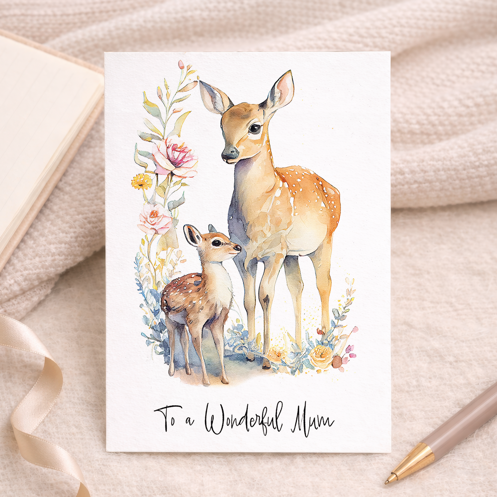 A minimalist greeting card for a mother's birthday or Mother's Day featuring a cute deer illustration and a kraft envelope.