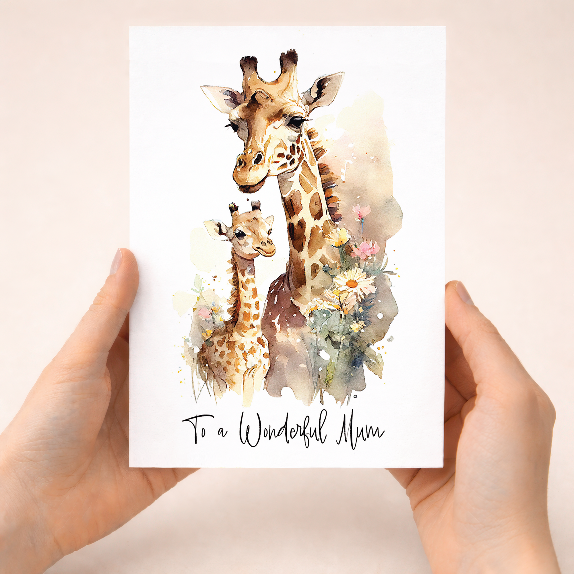 A cute birthday card for mum featuring a hand-drawn giraffe illustration with a simple heart and happy birthday message.