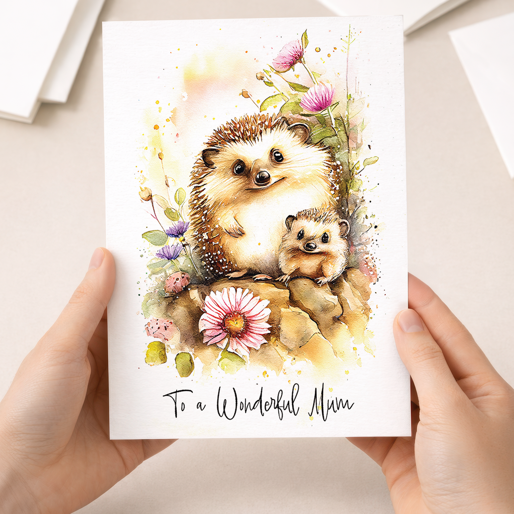 Cute hedgehog illustration on a birthday card for mum with festive decorations and soft colors.
