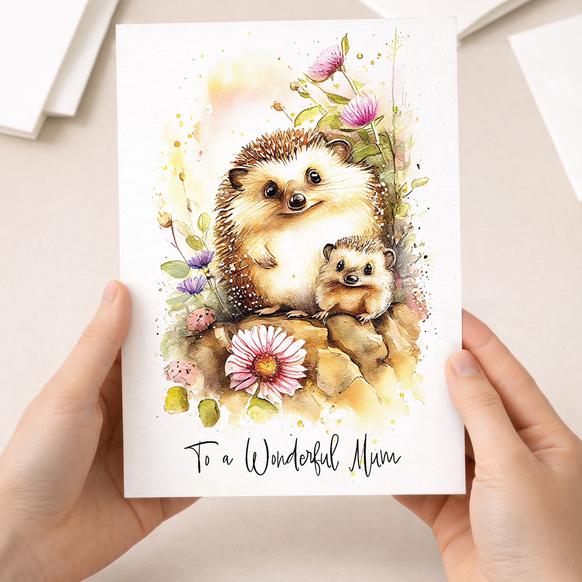 Cute hedgehog illustration on a birthday card for mum with festive decorations and soft colors.