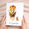 A cute lion illustration on a birthday card for dad, featuring a friendly lion face with a brown mane and artistic details.