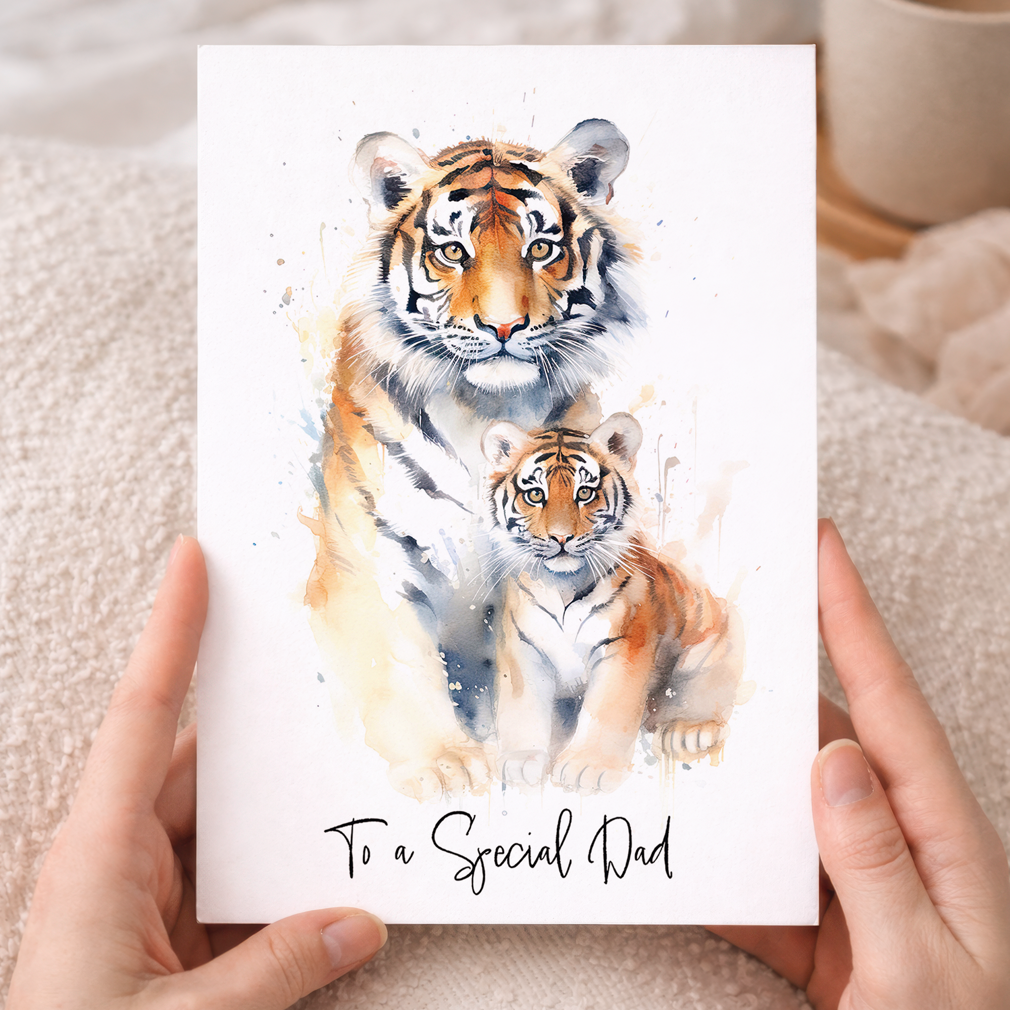 Minimalist greeting card featuring a modern orange and black tiger illustration on a white background.