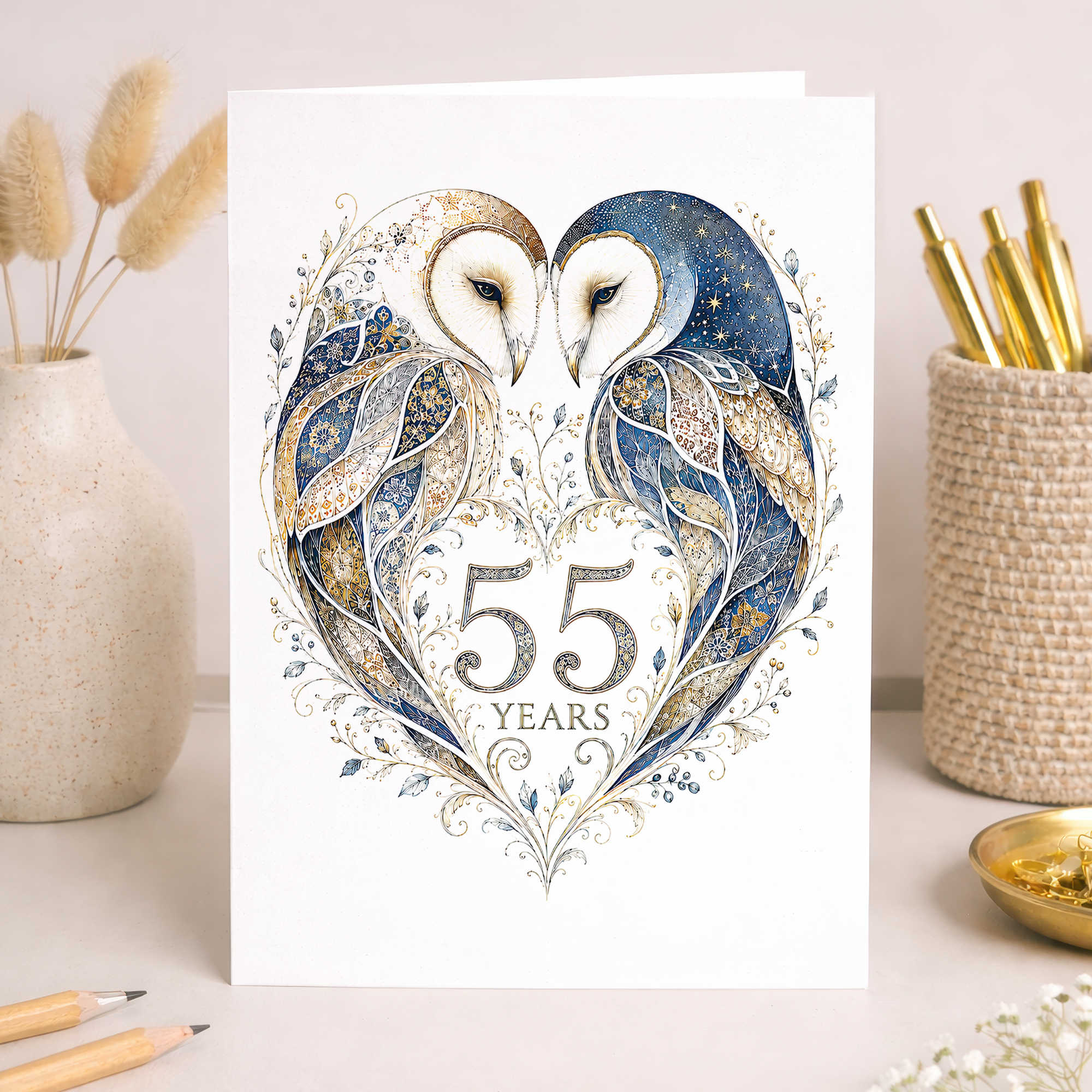 55th Anniversary Card with Owl Heart Illustration