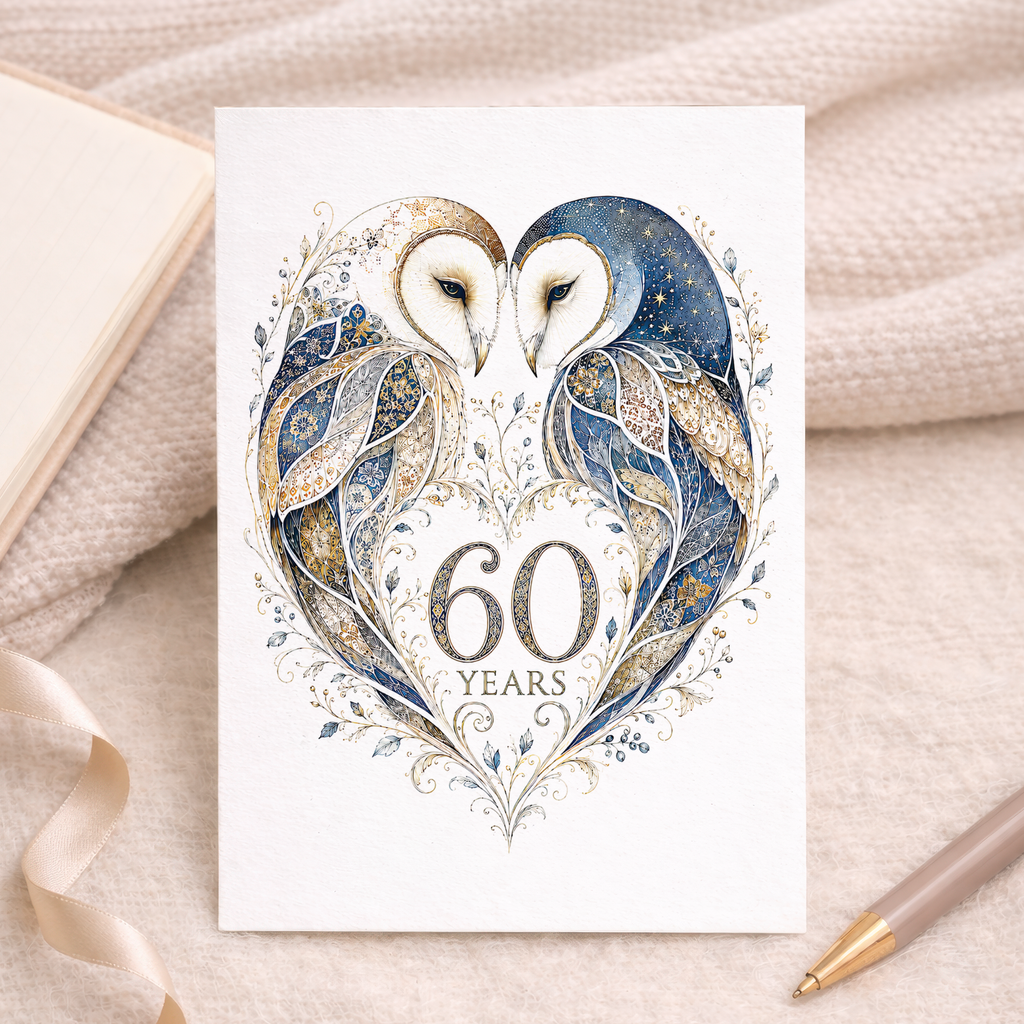 60th Anniversary Card with Owl Heart Illustration