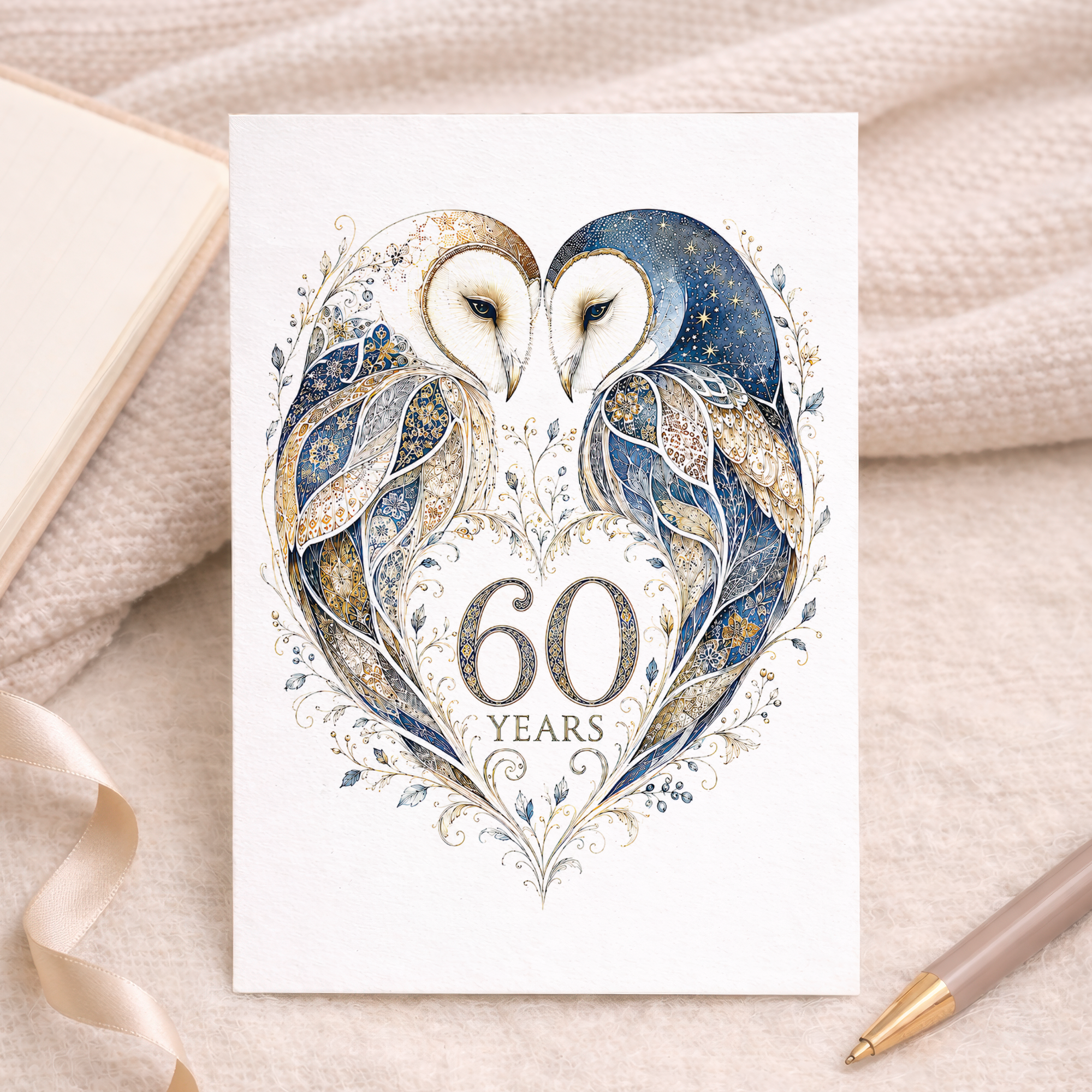 60th Anniversary Card with Owl Heart Illustration