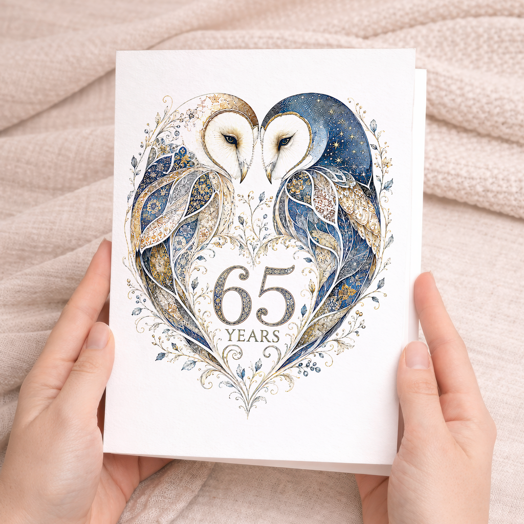 65th Anniversary Card with Owl Heart Illustration