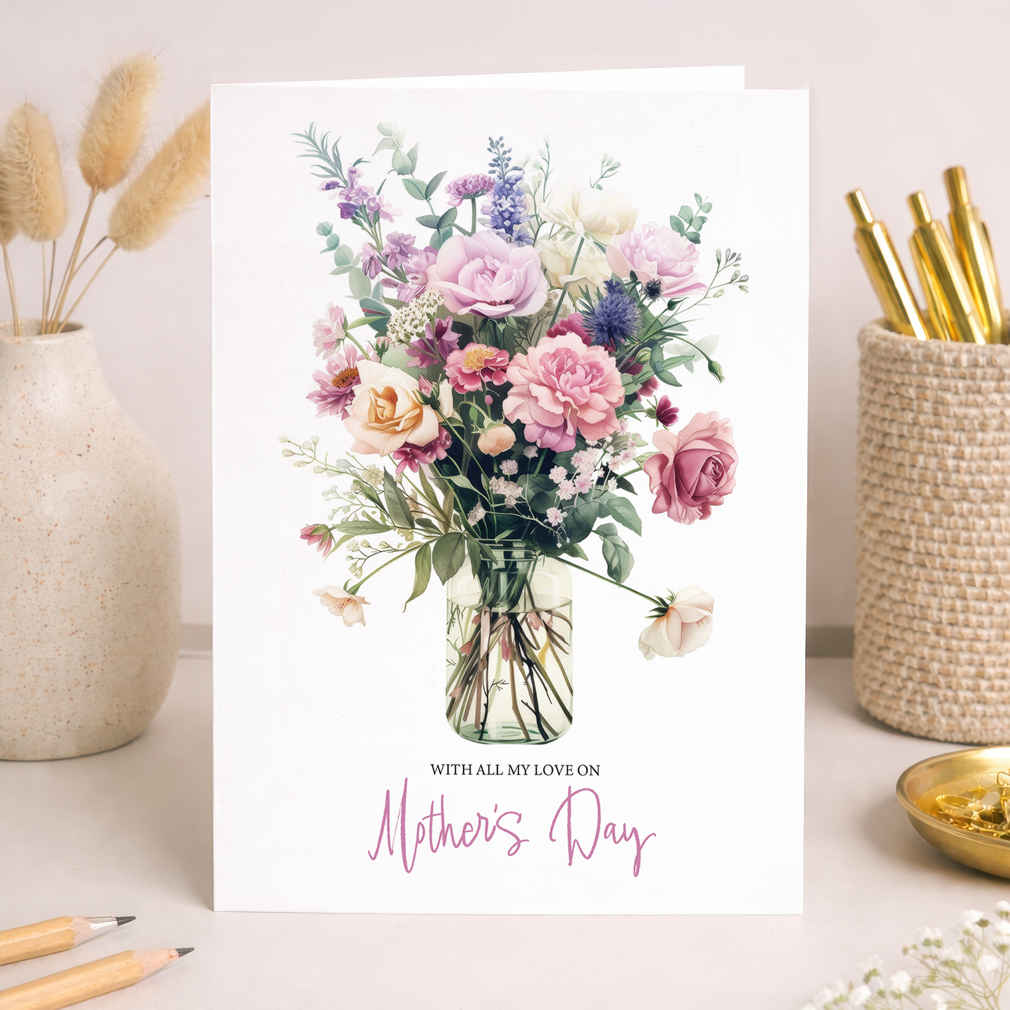 Floral Mother's Day card featuring pink and purple flowers with "Happy Mother's Day" text for Mum.