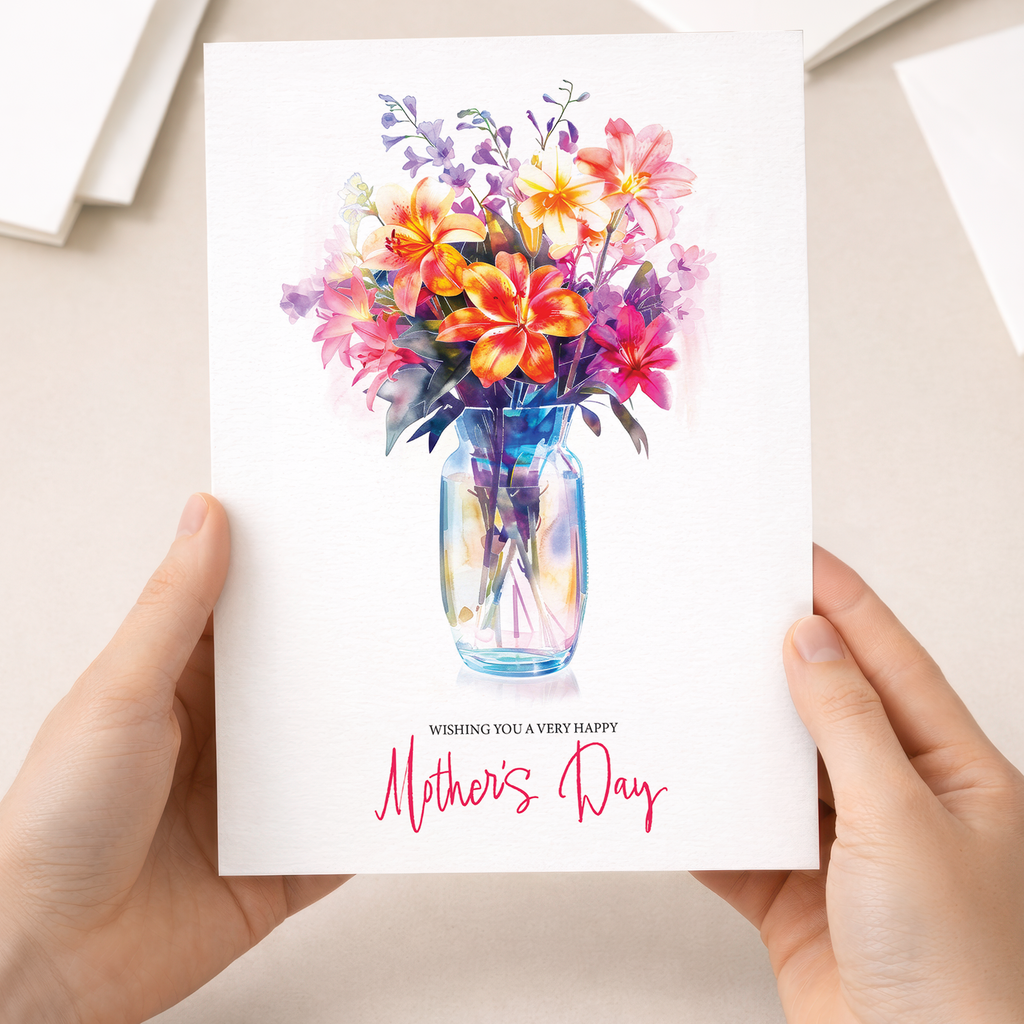 Vibrant floral Mother's Day card featuring pink and purple flowers with handwritten-style text.