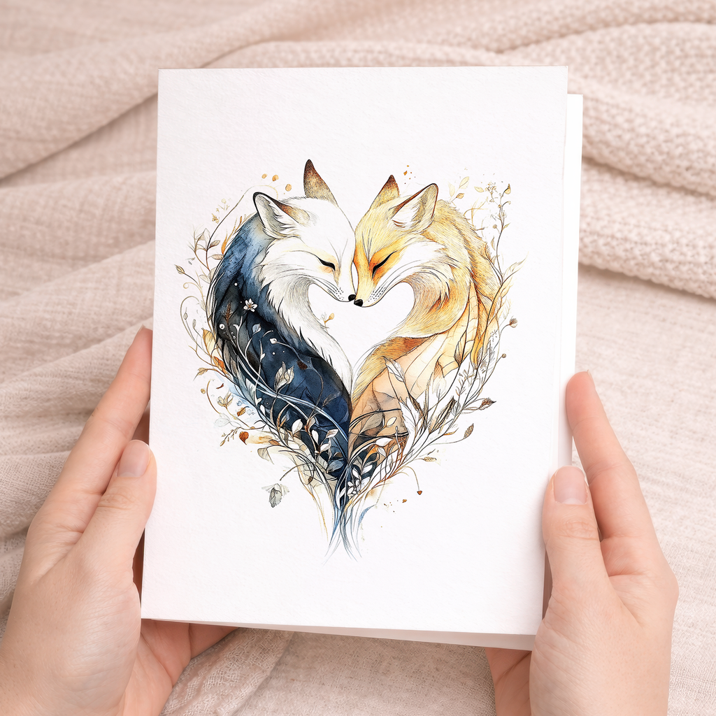 Anniversary Card with Fox Couple Heart Illustration
