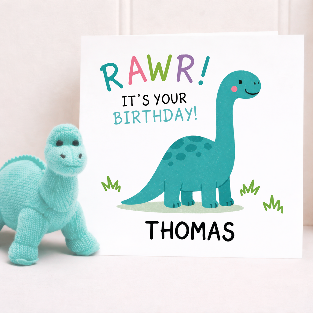 Personalised RAWR dinosaur birthday card for children, 6x6 square card