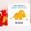 Personalised dino-riffic dinosaur birthday card for children, 6x6 square card