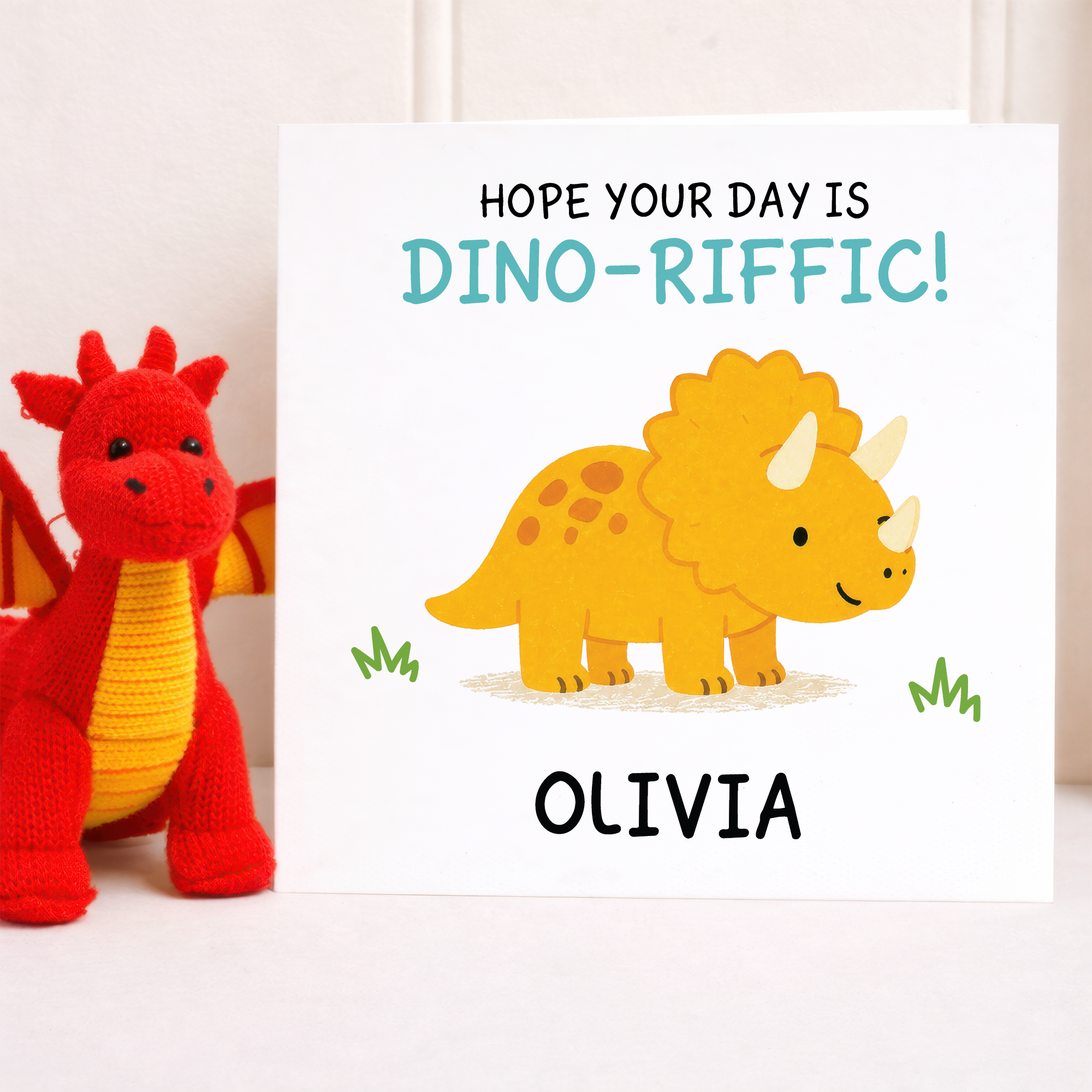 Personalised dino-riffic dinosaur birthday card for children, 6x6 square card