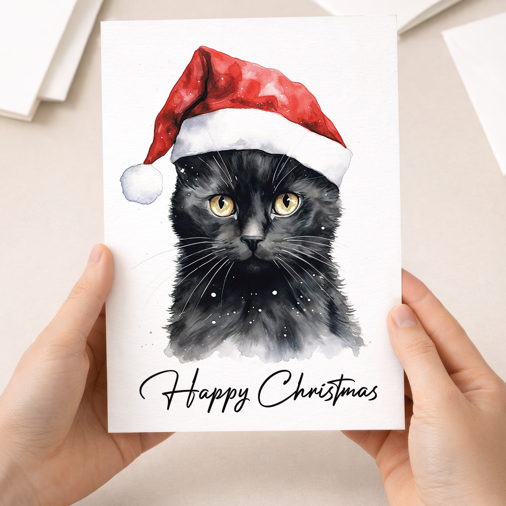 A minimalist Christmas card featuring an adorable illustration of a black cat wearing a festive red and white Santa hat, set against a clean white background.