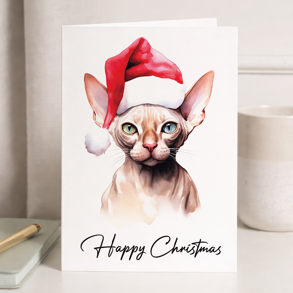 A Sphynx cat wearing a red Santa hat on a Christmas greeting card.