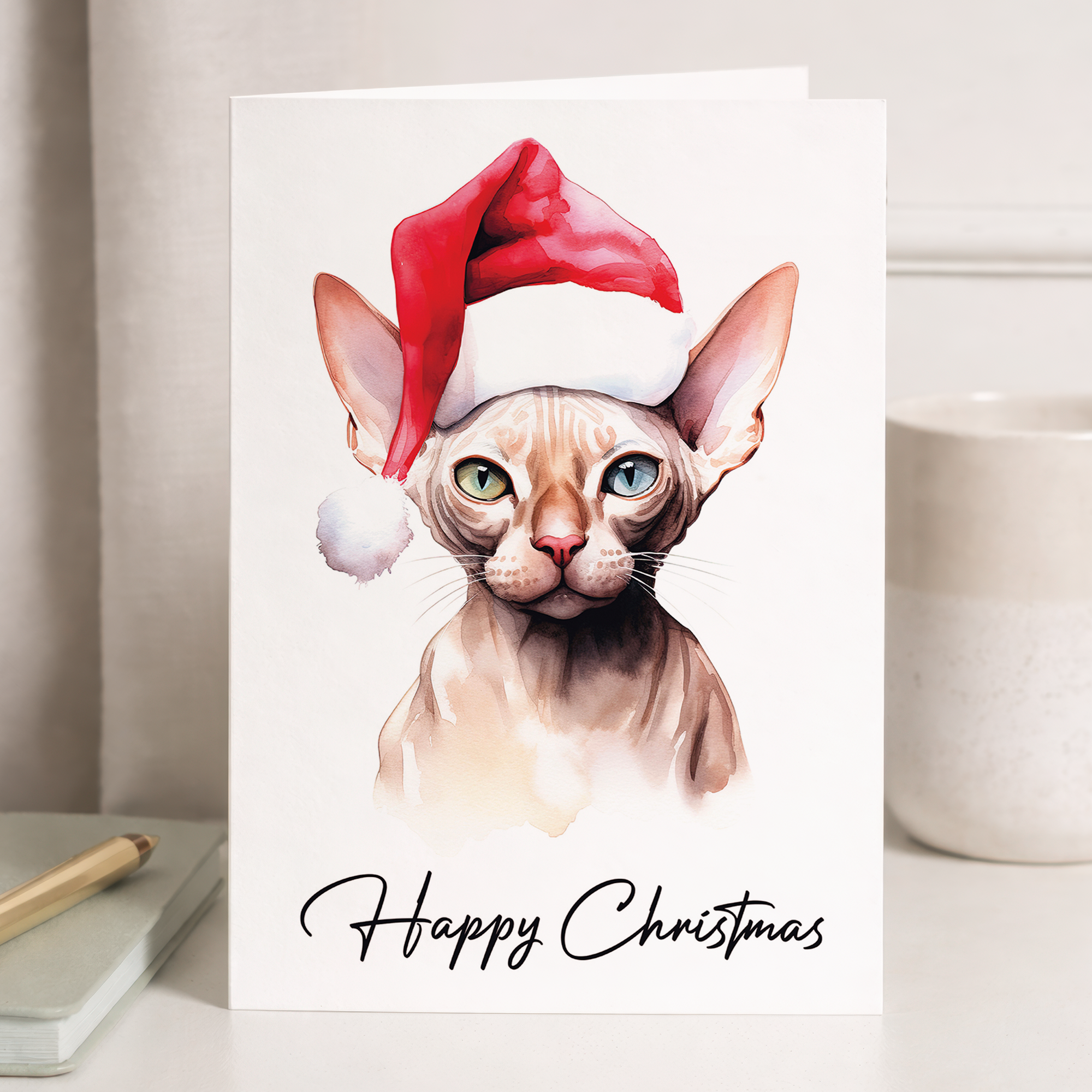 A Sphynx cat wearing a red Santa hat on a Christmas greeting card.