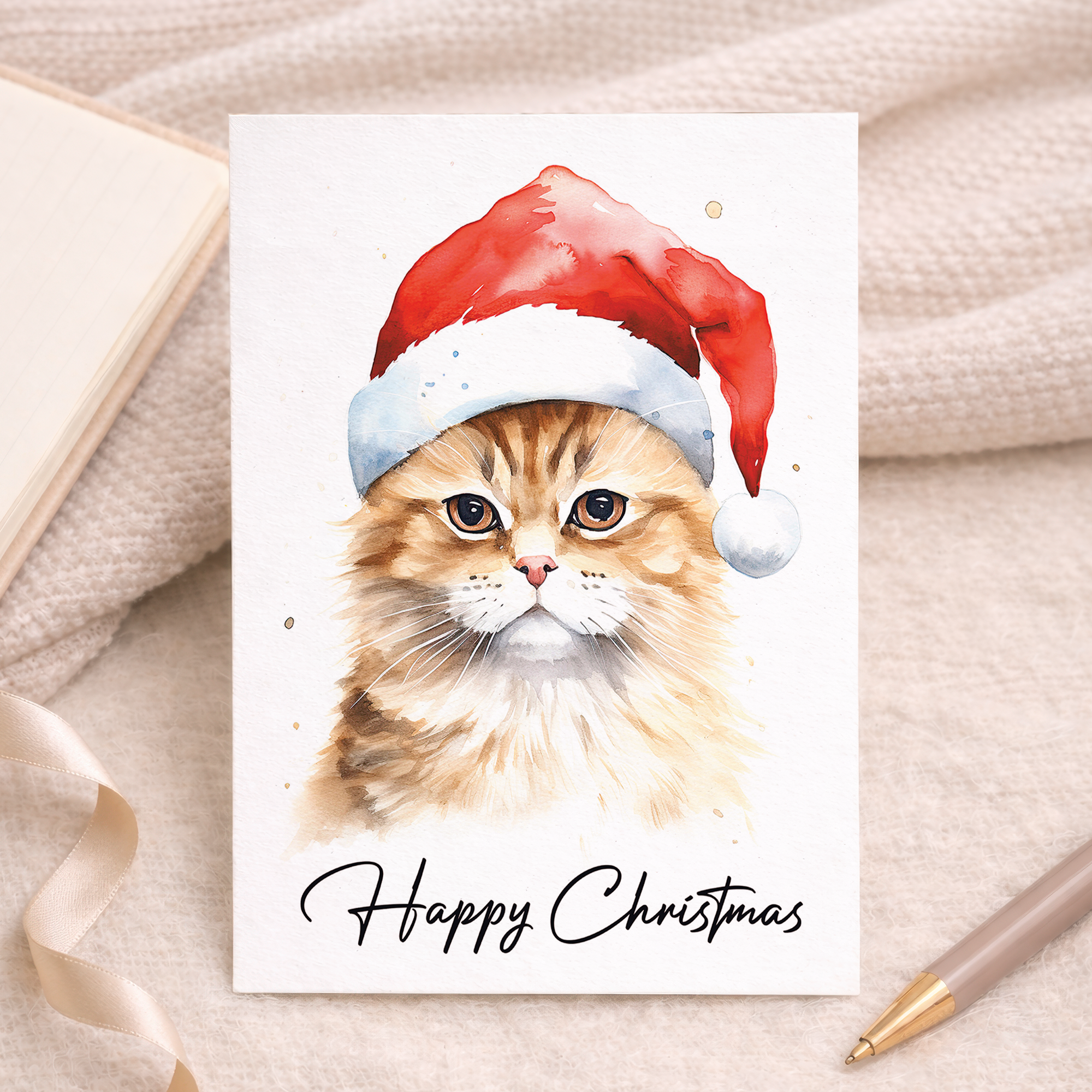A festive Christmas card featuring an illustration of a cute ginger cat wearing a red and white Santa hat.