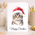 Festive Christmas greeting card featuring a cute tabby cat wearing a red and white Santa hat.