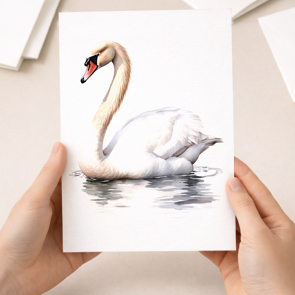 Elegant white swan illustration on a greeting card for birthdays, Easter, or thank you notes.