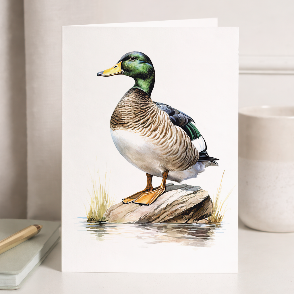 A watercolor illustration of a charming duck on a high-quality notelet card, suitable for birthdays, Easter, or as a thank you card for wildlife enthusiasts.