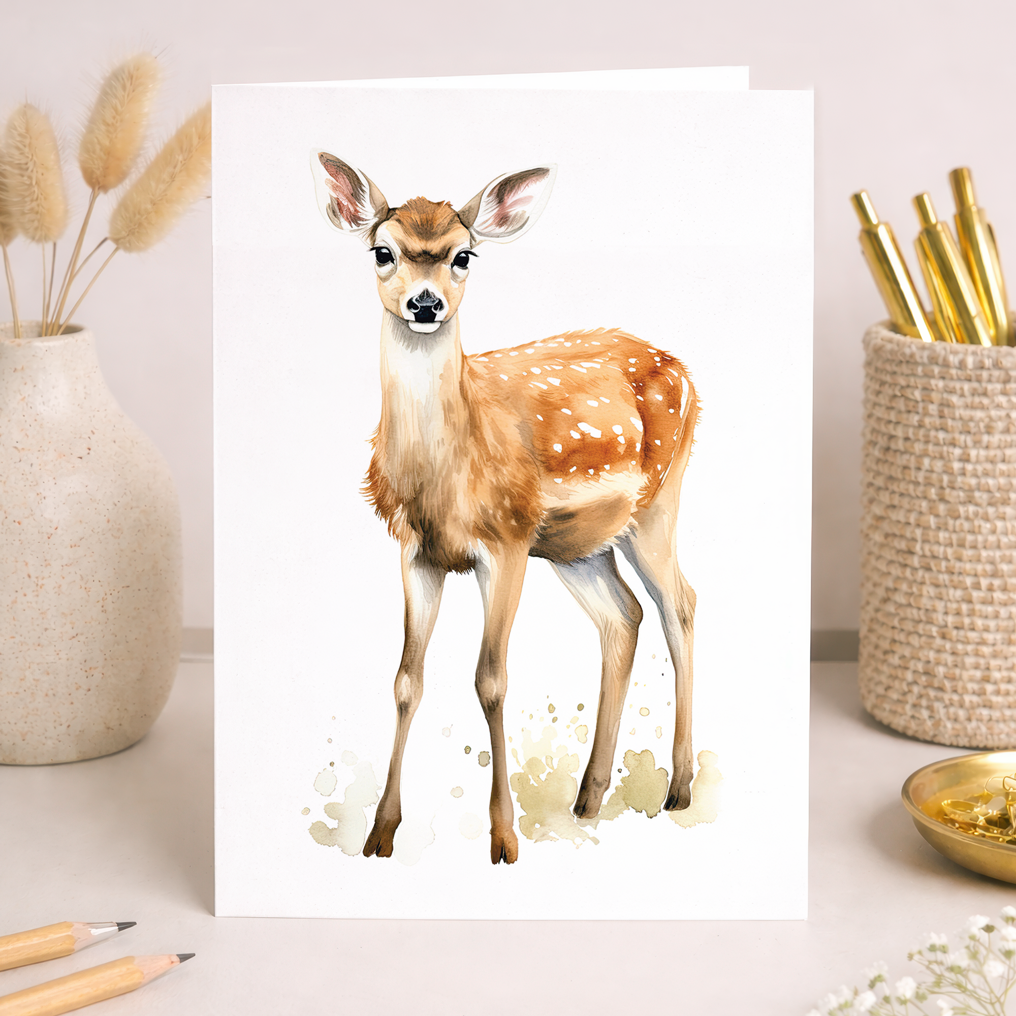 A traditional wildlife greeting card featuring a beautiful illustration of a deer.