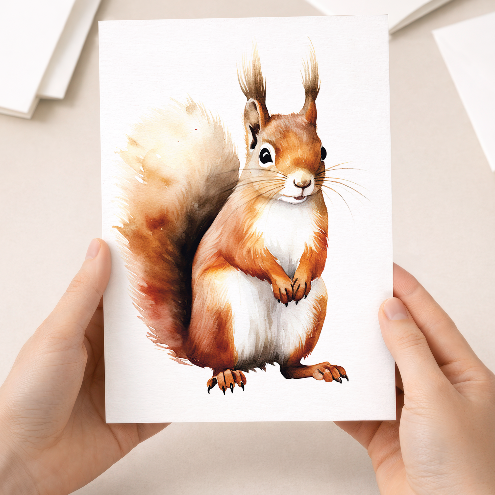 A watercolour illustration of a red squirrel sitting upright on a wooden branch, holding a nut between its paws, set against a clean white background.