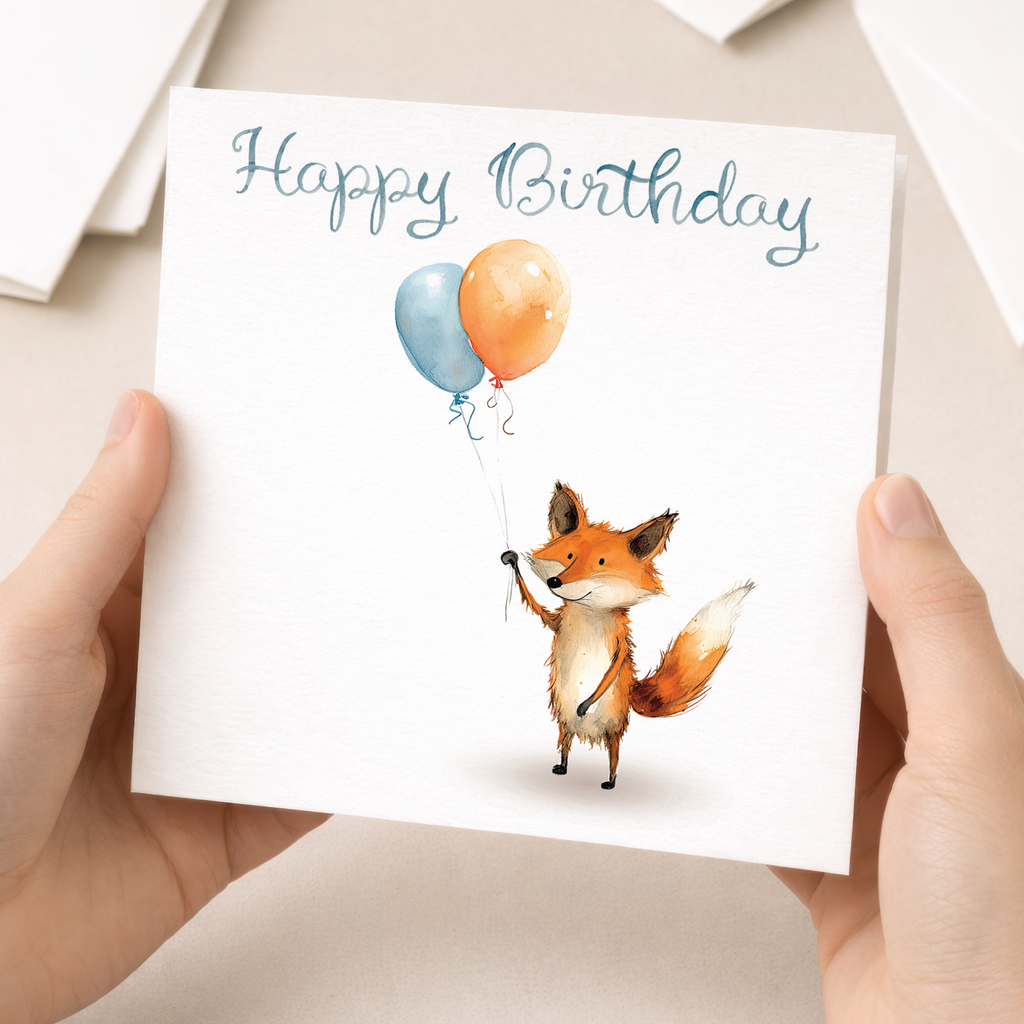 Birthday Card for Child Birthday Card For Kids Birthday Card For Her or Him Cute Fox Birthday Card With Birthday Balloons For Boy or Girl