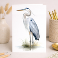 A serene illustration of a grey heron standing gracefully amidst reeds and water, suitable for a nature-themed greeting card.