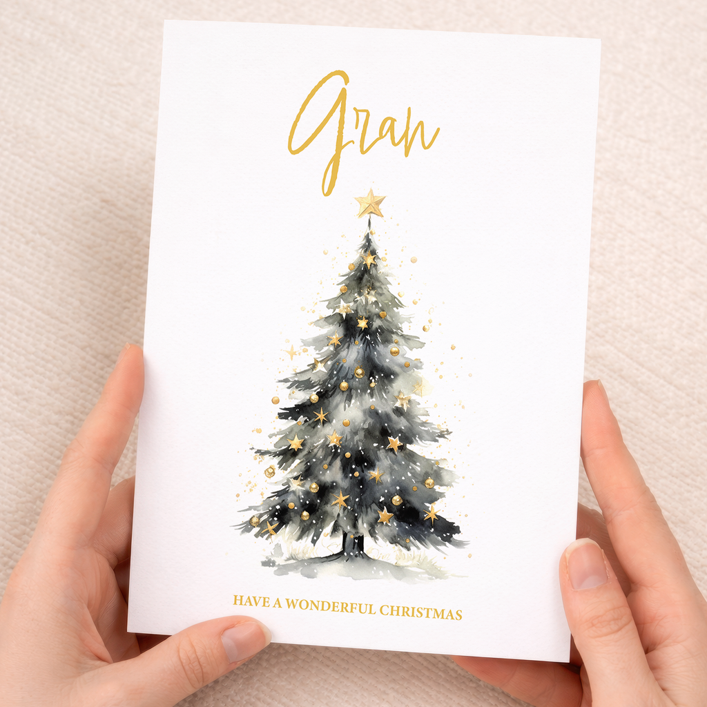 Luxury Christmas card for Gran featuring a minimalist Christmas tree design on brown kraft paper with festive ornaments.
