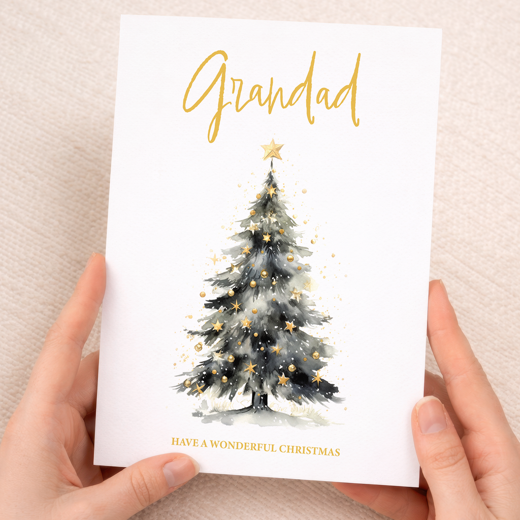 Festive Christmas greeting card for Grandad featuring a decorated Christmas tree design.