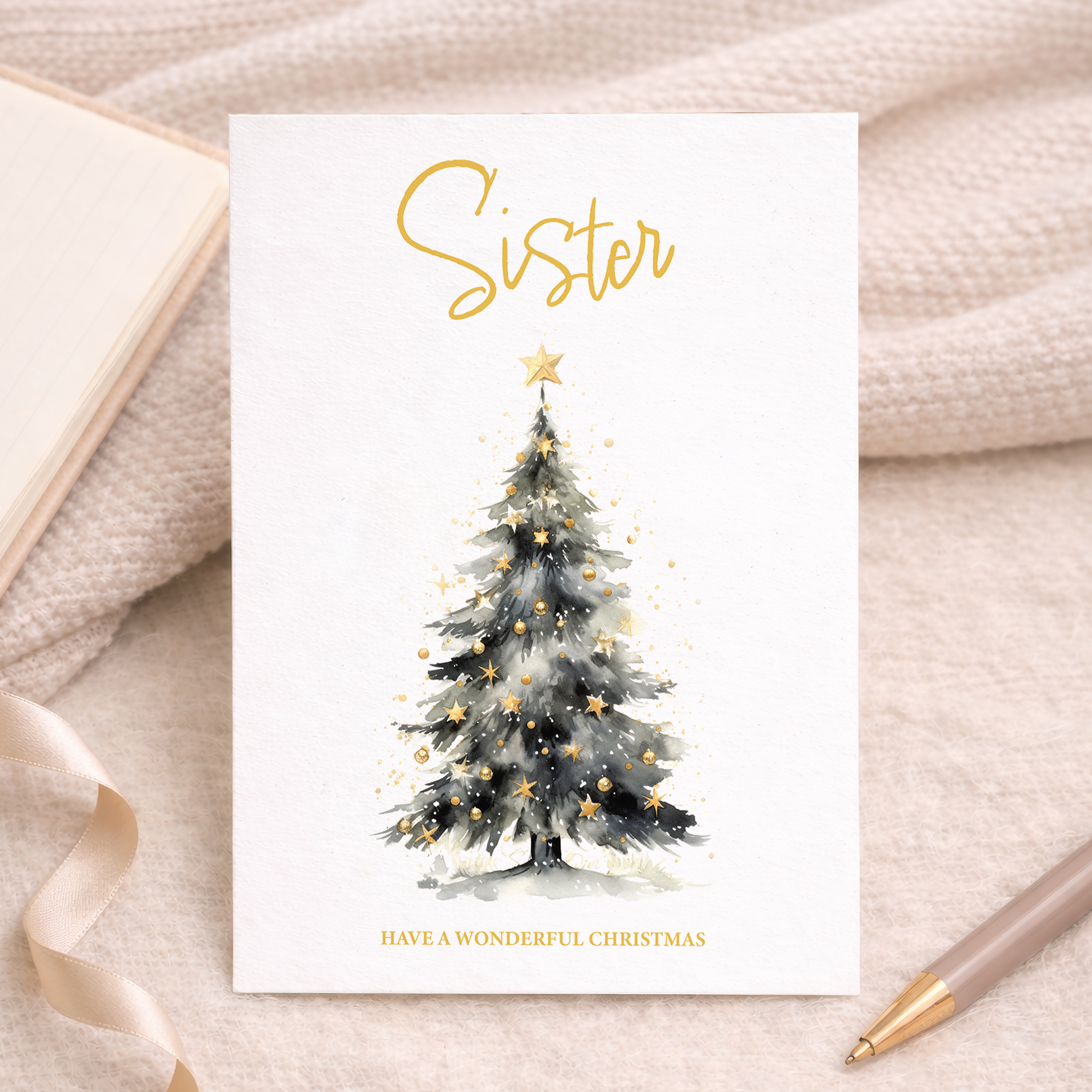 Luxury 5x7 Christmas card for a sister featuring a festive Christmas tree design on eco-friendly paper.
