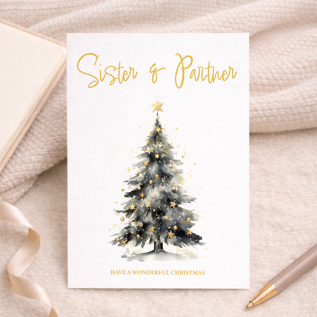 Minimalist Christmas greeting card for a sister and partner featuring a simple illustration of a green Christmas tree with a red star on top and the message "To a Special Sister & Partner."