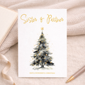 Minimalist Christmas greeting card for a sister and partner featuring a simple illustration of a green Christmas tree with a red star on top and the message "To a Special Sister & Partner."