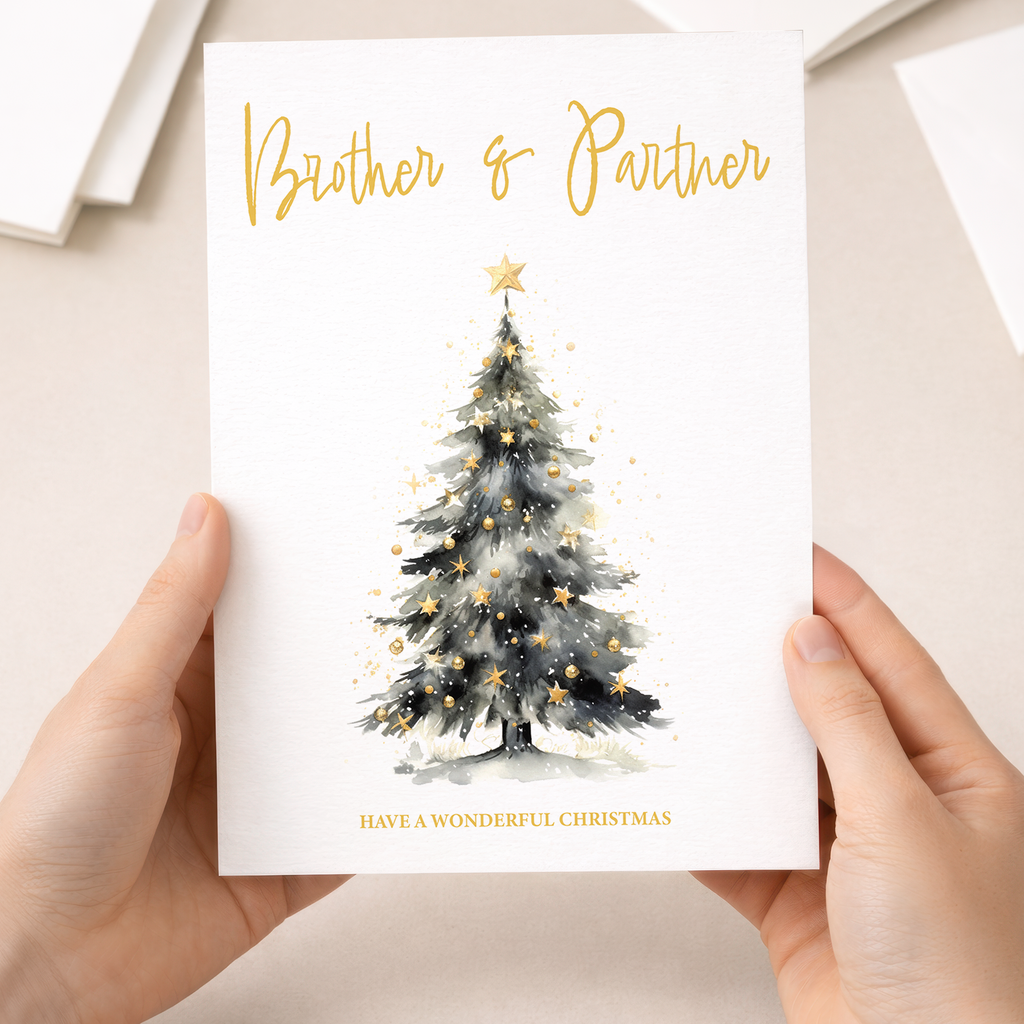 Traditional Christmas tree greeting card for brother and partner.