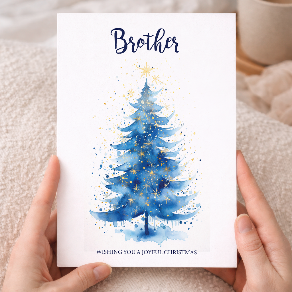 Minimalist Christmas greeting card for a brother featuring a modern green Christmas tree illustration on a white background.