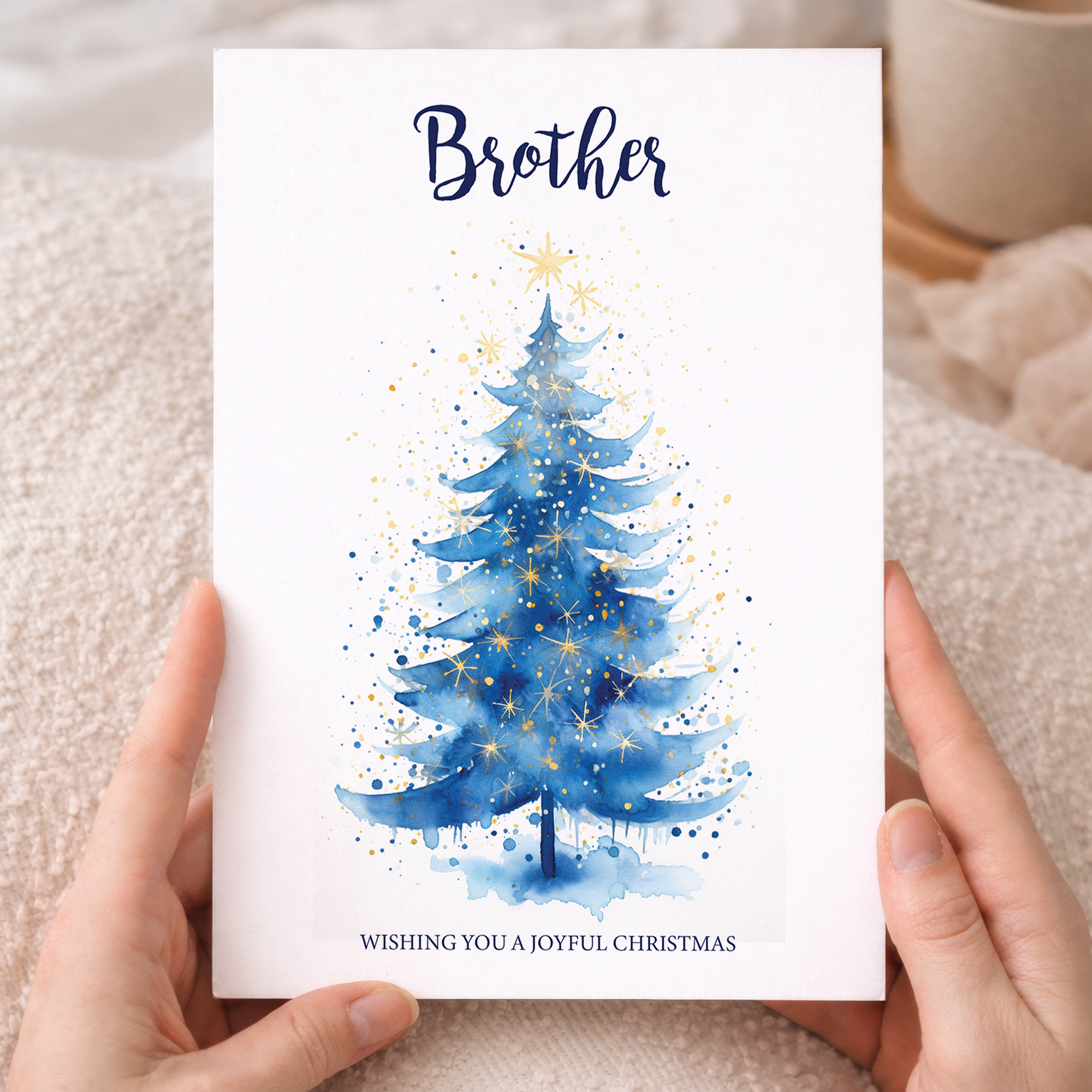 Minimalist Christmas greeting card for a brother featuring a modern green Christmas tree illustration on a white background.