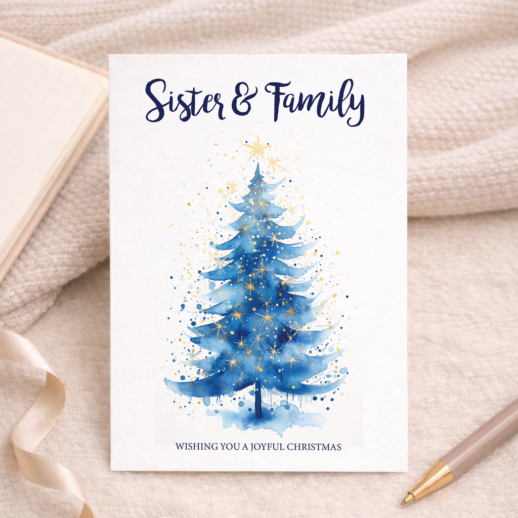 Festive Christmas card featuring a minimalist illustration of three Christmas trees in different shades of green, with a "Sister & Family" greeting at the bottom.