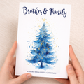 Christmas card for a brother and family featuring a festive green Christmas tree with gold stars and "Merry Christmas to my Brother & Family" text on a white background.