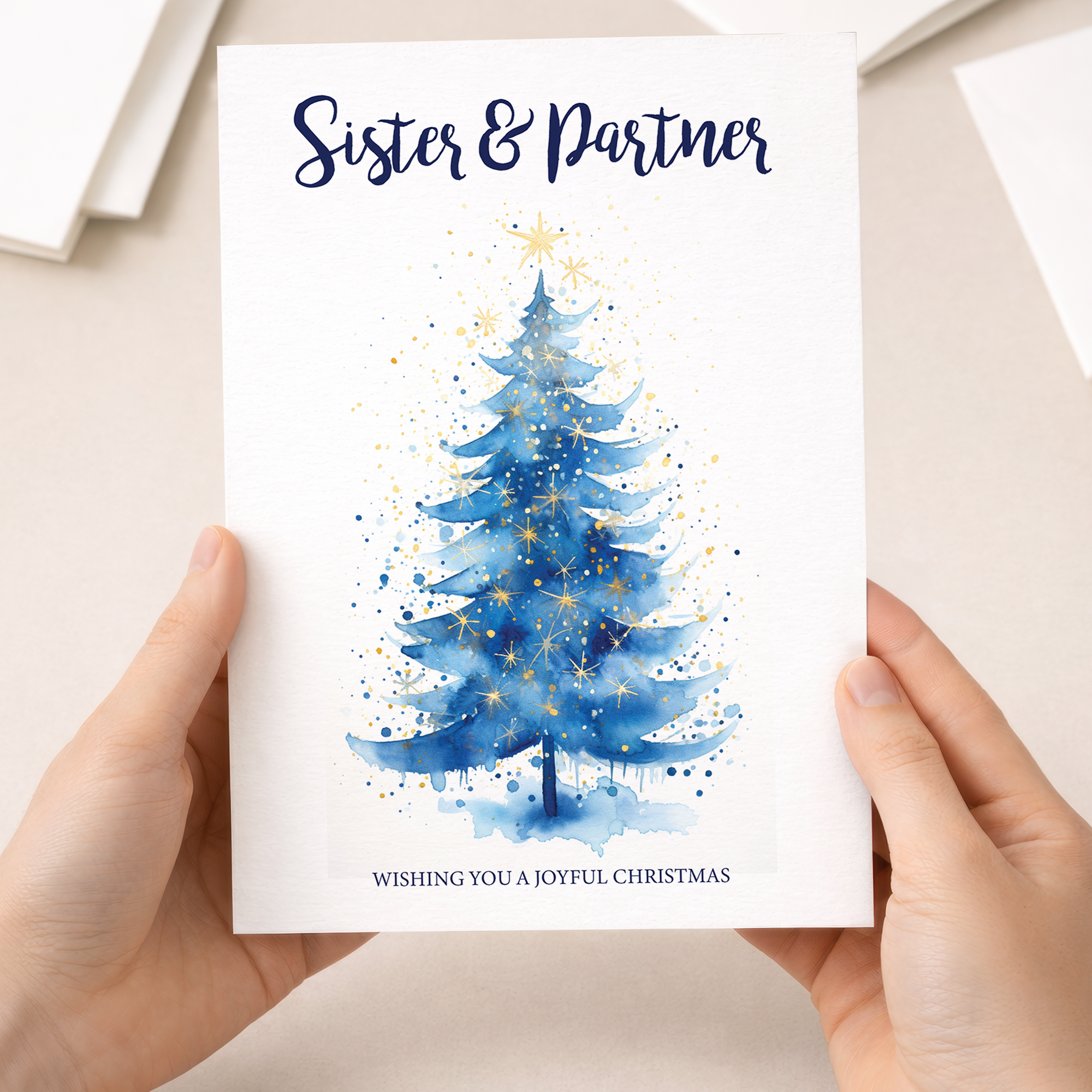 Festive Christmas card for a sister and partner featuring a stylized Christmas tree design.