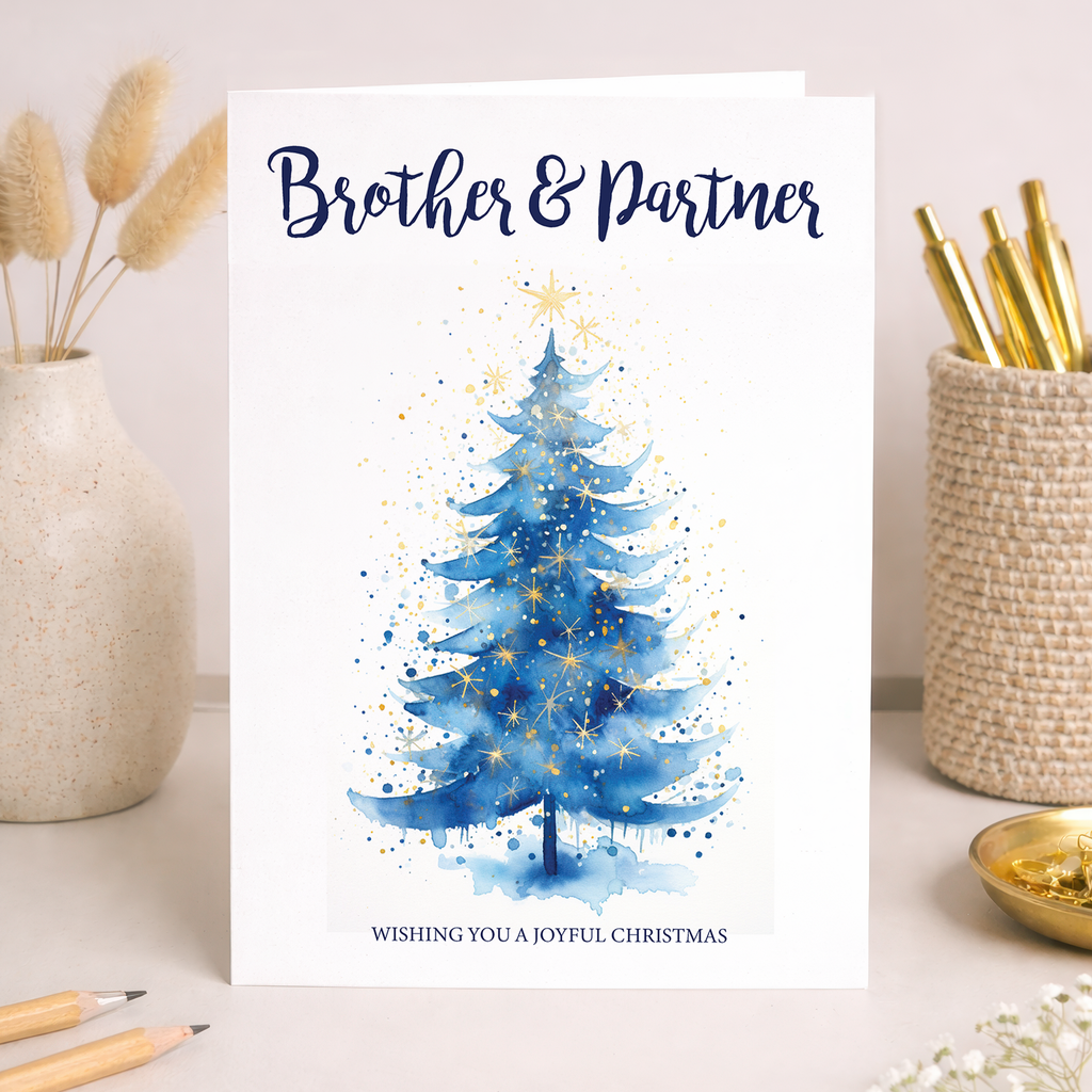 Christmas card for a brother and partner featuring a stylized illustration of a Christmas tree.
