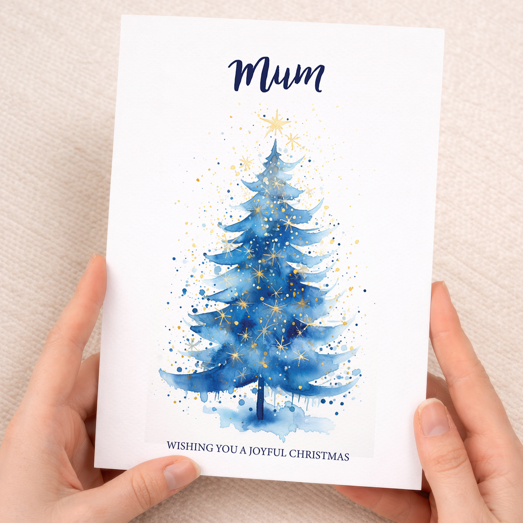 Minimalist Christmas card for Mum featuring a stylish green Christmas tree illustration on a white background.