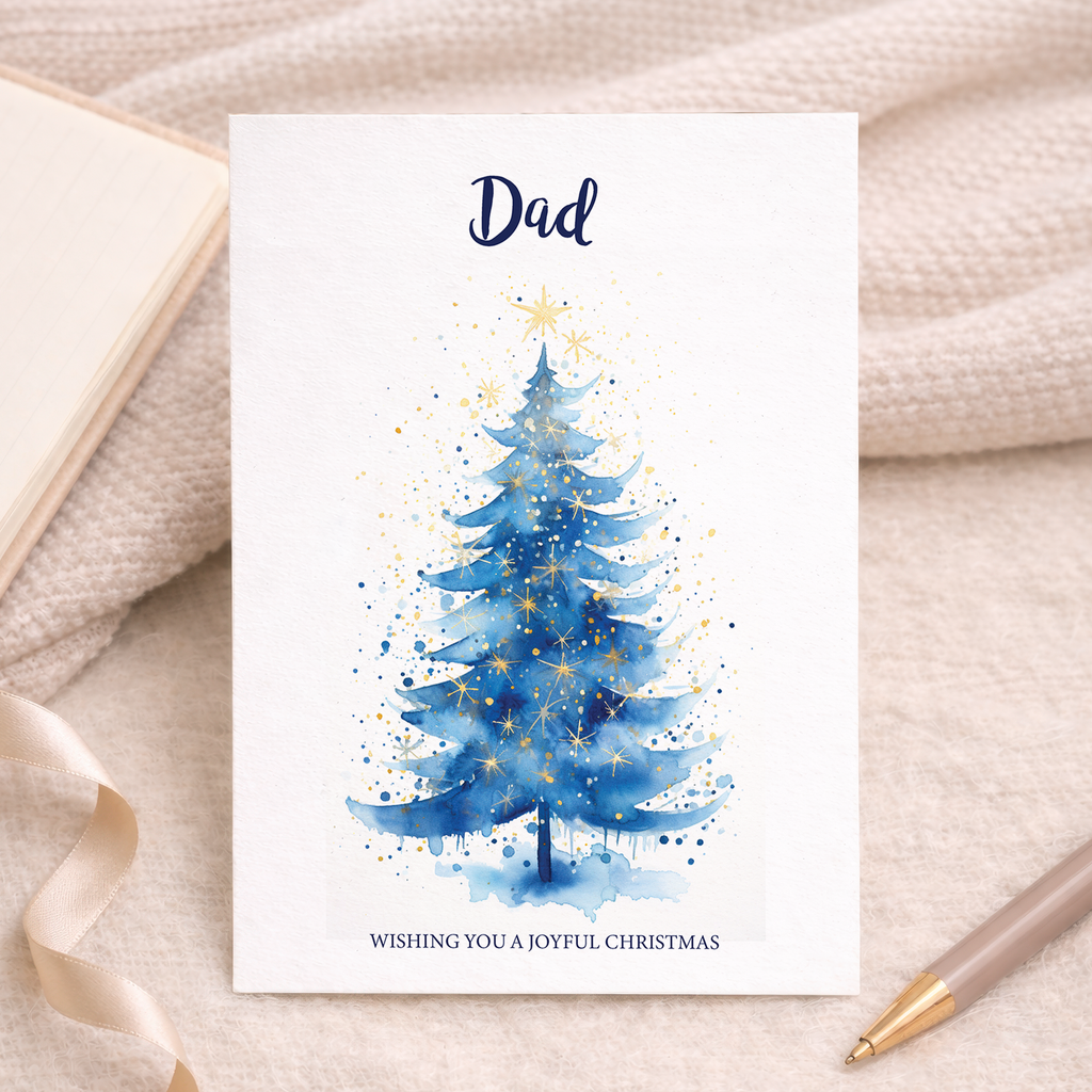 Festive Christmas card for Dad featuring a beautifully illustrated green Christmas tree decorated with colorful ornaments and a yellow star on a clean white background.