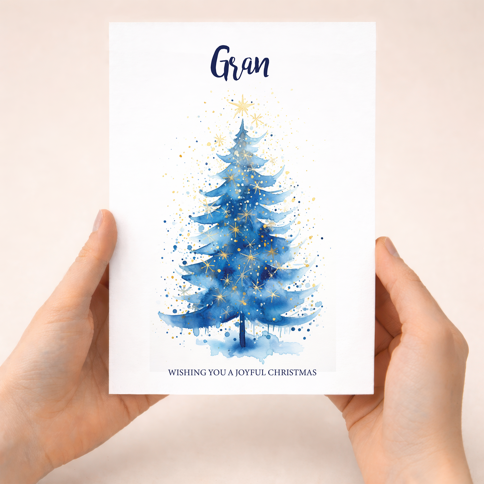 Festive Christmas card for Gran featuring a holiday tree design on eco-friendly brown kraft cardstock.