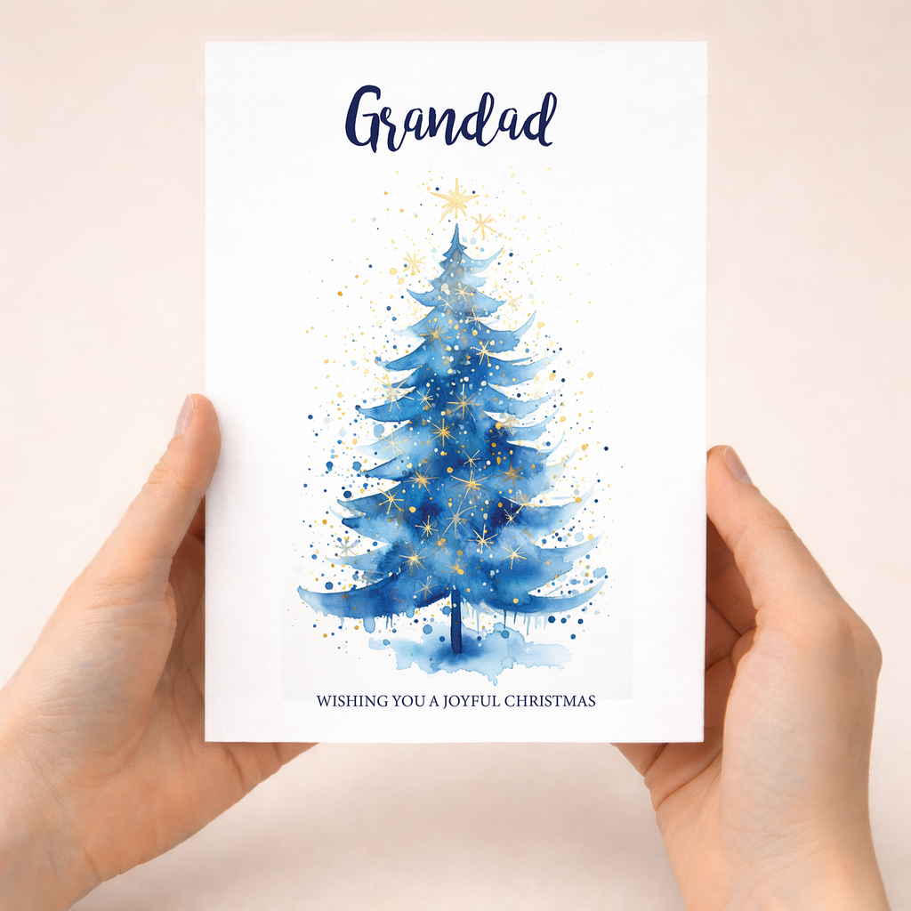 Christmas card for grandad featuring a festive illustrated Christmas tree on a 5x7 inch greeting card.