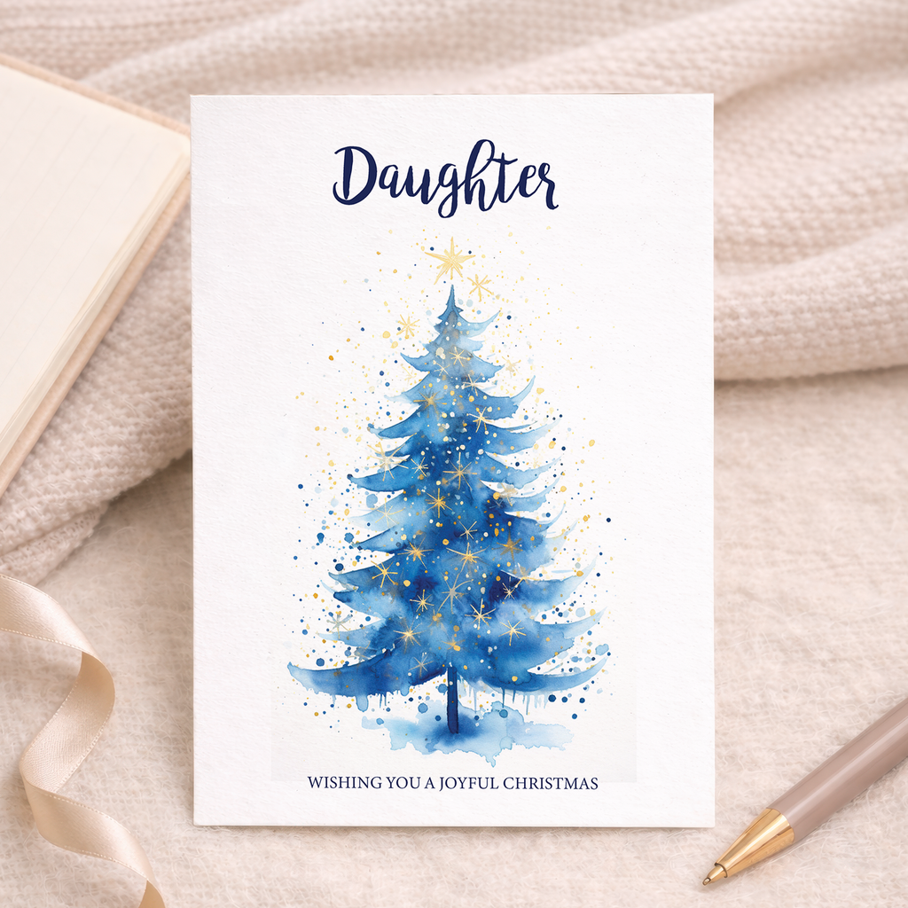 Christmas card for daughter featuring a festive Christmas tree design and a pink background.