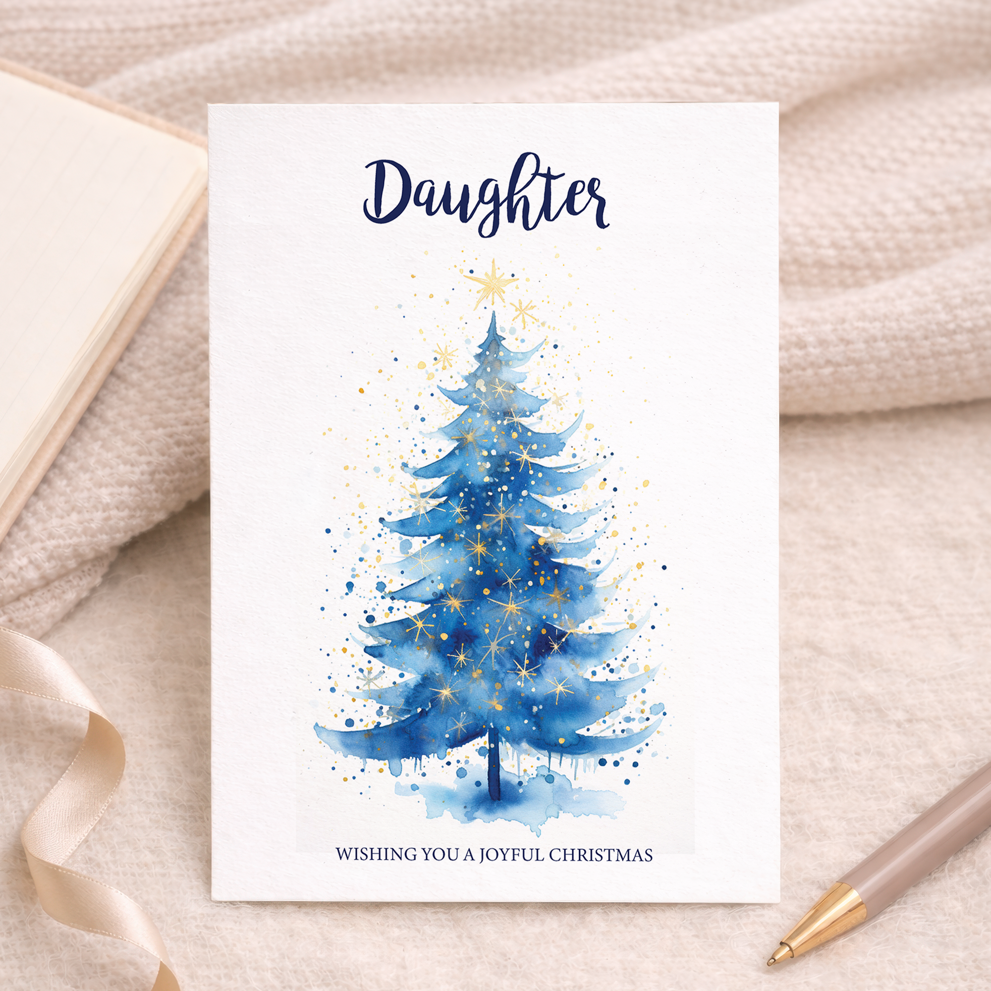 Christmas card for daughter featuring a festive Christmas tree design and a pink background.