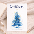 Minimalist Christmas greeting card featuring a simple green Christmas tree illustration on a white background, suitable for a son and his partner.