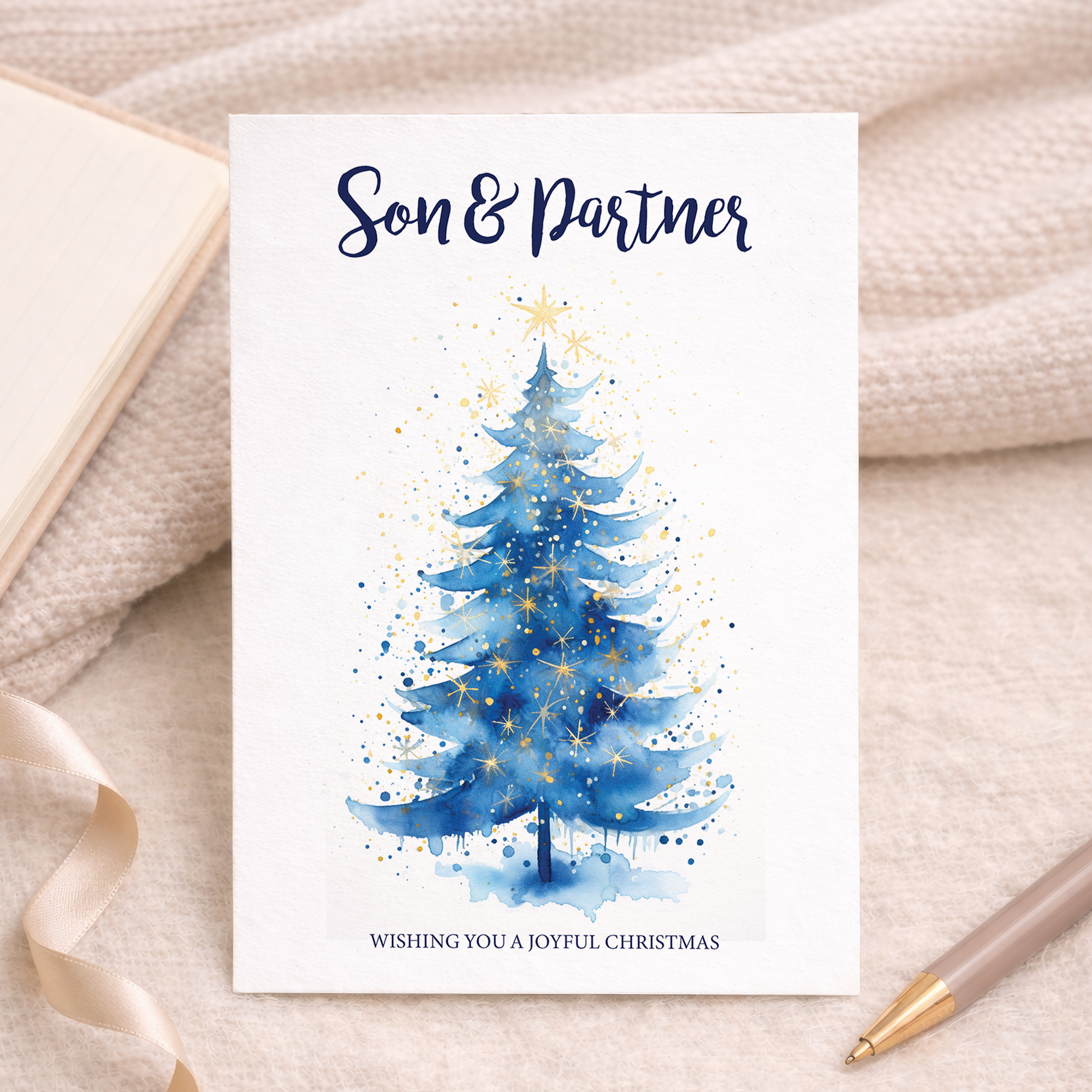 Minimalist Christmas greeting card featuring a simple green Christmas tree illustration on a white background, suitable for a son and his partner.