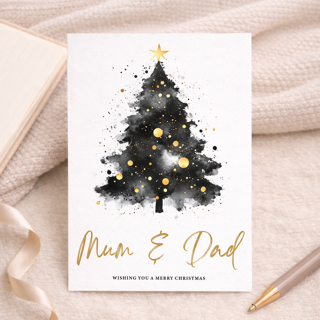 Christmas card for Mum and Dad featuring a minimalist illustration of a Christmas tree with the message Wishing You a Merry Christmas.